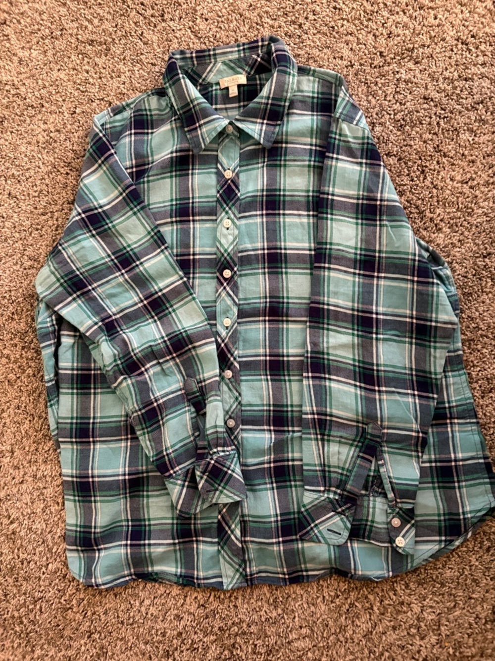 Talbots Teal and Navy Plaid Button-Down Shirt